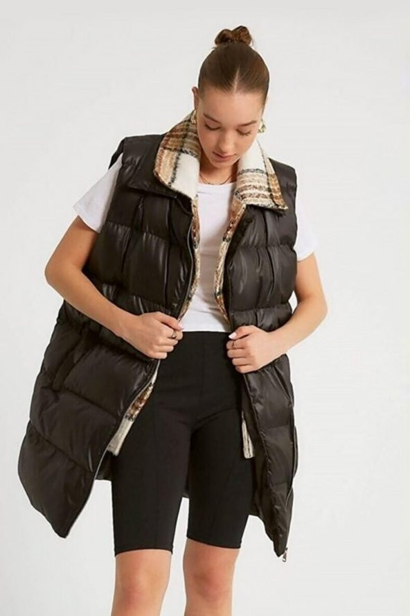 Kadın Yaka Ekose Detaylı Şişme Yelek Siyah - 2