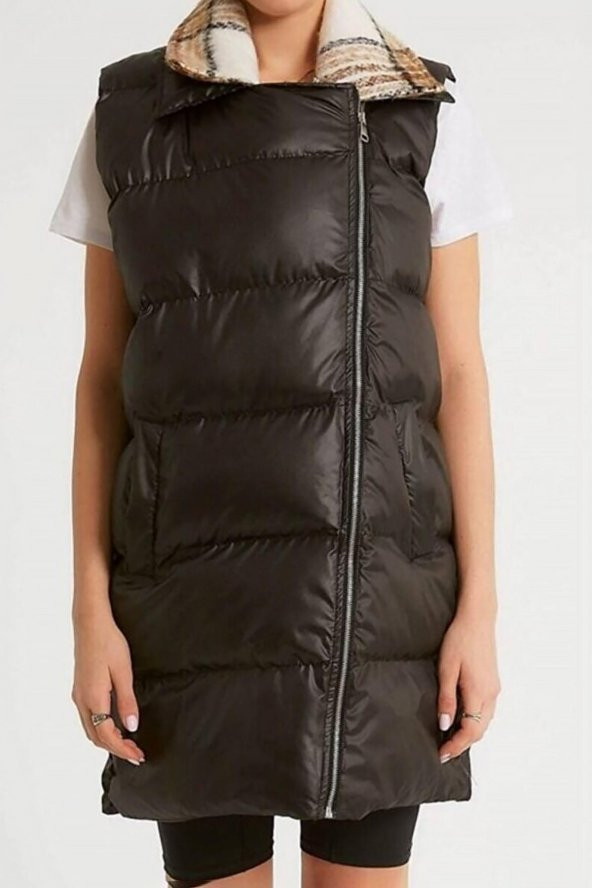 Kadın Yaka Ekose Detaylı Şişme Yelek Siyah - 3