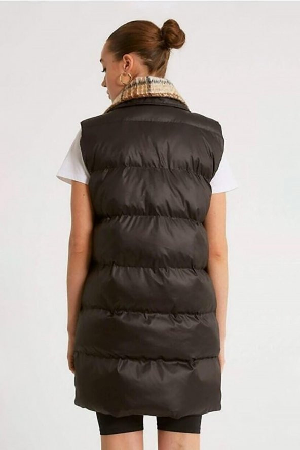 Kadın Yaka Ekose Detaylı Şişme Yelek Siyah - 4