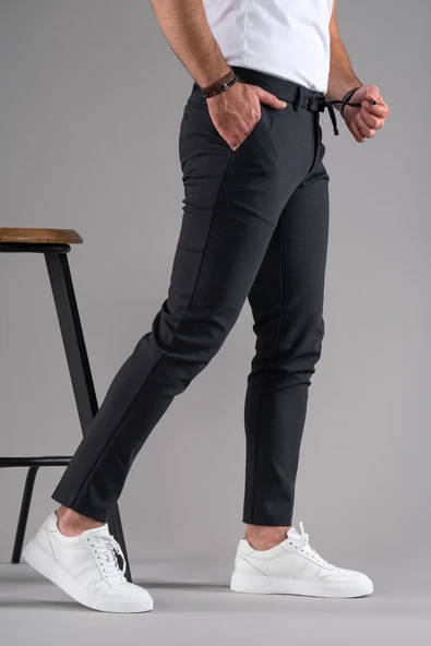 SLİMFİT DAR PAÇA BELİ İPLİKLİ DOKULU KIŞLIK KUMAŞ PANTOLON - 4