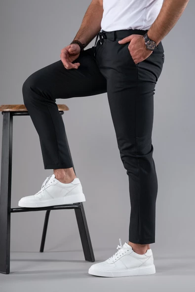 SLİMFİT DAR PAÇA BELİ İPLİKLİ DOKULU KIŞLIK KUMAŞ PANTOLON - 2