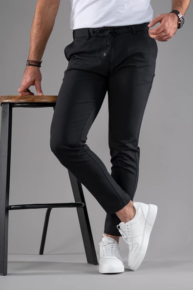 SLİMFİT DAR PAÇA BELİ İPLİKLİ DOKULU KIŞLIK KUMAŞ PANTOLON - 3
