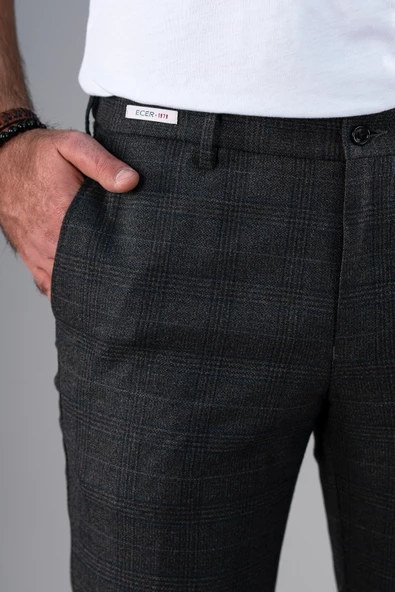ECER BELİ LASTİKLİ REGULAR FİT EKOSELİ KIŞLIK KUMAŞ PANTOLON - 9