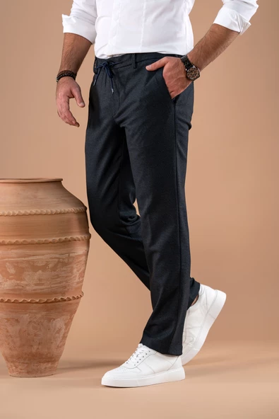 ECER BELİ LASTİKLİ İPLİKLİ REGULAR FİT KIŞLIK KUMAŞ PANTOLON - 3