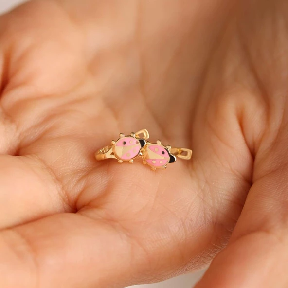 Altın Çocuk Küpesi Uğur Böcek Mineli Pembe - Resim 2