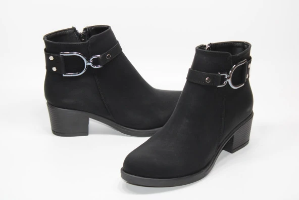 SEDEF KAYMAZ KAUÇUK TABAN ÇİFT TOKA DETAY FERMUARLI KADIN SİYAH TOPUKLU BOT - 2