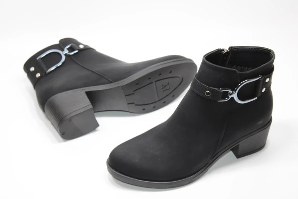 SEDEF KAYMAZ KAUÇUK TABAN ÇİFT TOKA DETAY FERMUARLI KADIN SİYAH TOPUKLU BOT - 3