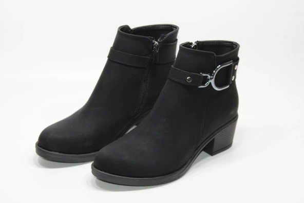 SEDEF KAYMAZ KAUÇUK TABAN ÇİFT TOKA DETAY FERMUARLI KADIN SİYAH TOPUKLU BOT - 5