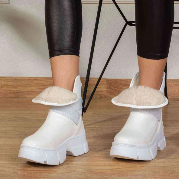 İçi Kürklü Beyaz Deri  Kadın Bot - Lucca - Resim 2