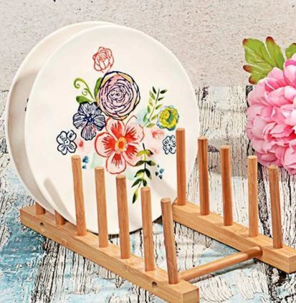 Nakres Ahşap Tabaklık  Dekoratif 6'lı Doğal Ahşap Tabak Koyma Standı