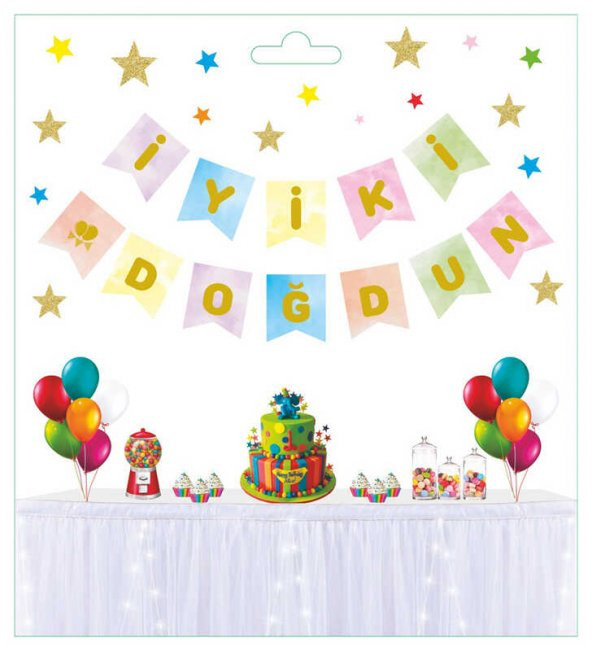 FLAMA İYİKİ DOĞDUN MAKARON RENGARENK ALTIN 1 ADET - Resim 2