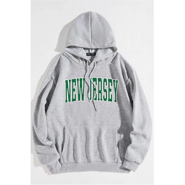 Unisex Oversize Gri New Jersey Baskılı Kapüşonlu Sweatshirt M Beden