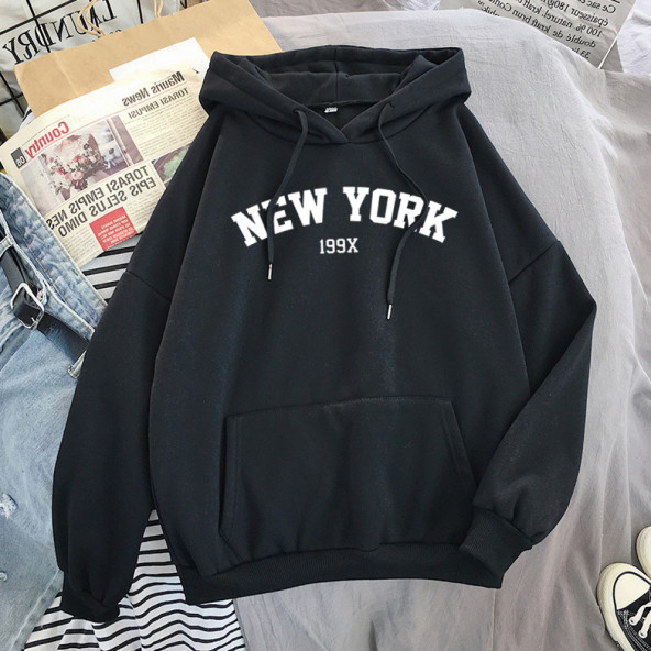 Unisex Oversize Siyah New York 199X Baskılı Kapüşonlu Sweatshirt M Beden