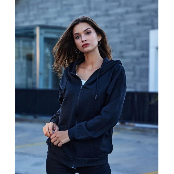 Unisex Siyah Kapüşonlu Fermuarlı Oversize Swatshirt XL Beden