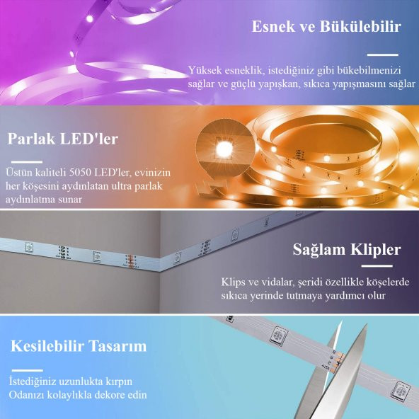 DailyTech 5m LED şerit Bluetooth RGB Uzaktan Kumandalı - 11