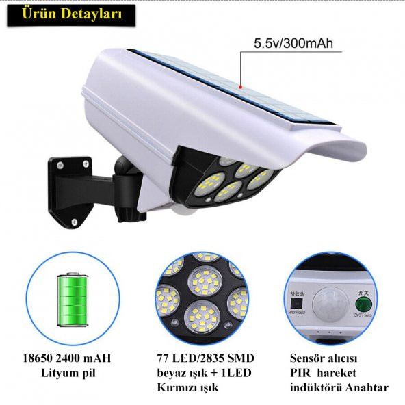 DailyTech Sensörlü Solar 77 LED Hırsız Caydırıcı Sahte Kamera Lamba - 2