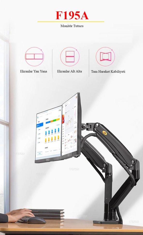 North Bayou NB F195A Çift Kol Amortisörlü Monitör Tutucu Stand 22-32" - 2