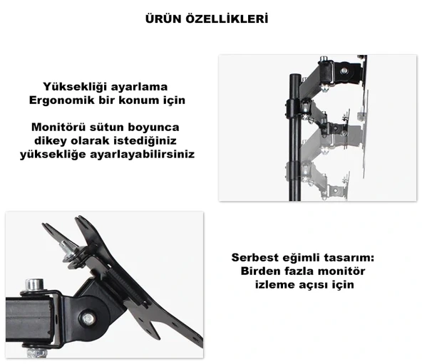 DailyTech Masaüstü Ayarlanabilir 14-32” Çift Kol Monitör Tutucu - Resim 3
