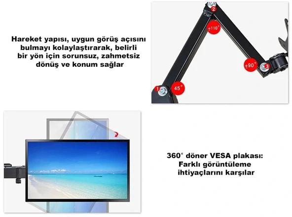 DailyTech Masaüstü Ayarlanabilir 14-32” Çift Kol Monitör Tutucu - 5