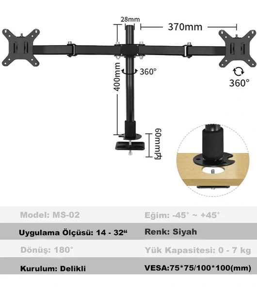 DailyTech Masaüstü Ayarlanabilir 14-32” Çift Kol Monitör Tutucu - Resim 2