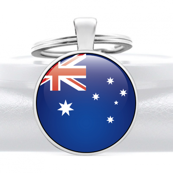 Avusturalya Australia Bayrak Anahtarlık Metal 3D Büyüteçli Cam Yuvarlak Metal