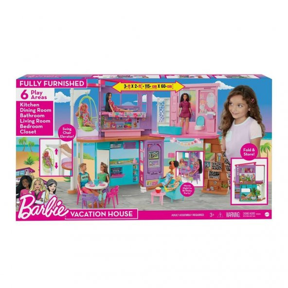 Mattel Barbienin Tatil Evi HCD50 30dan fazla parçasıyla 2 katlı, 6 odalı, salıncaklı, 3 yaş ve üzeri (107 cm) - 4