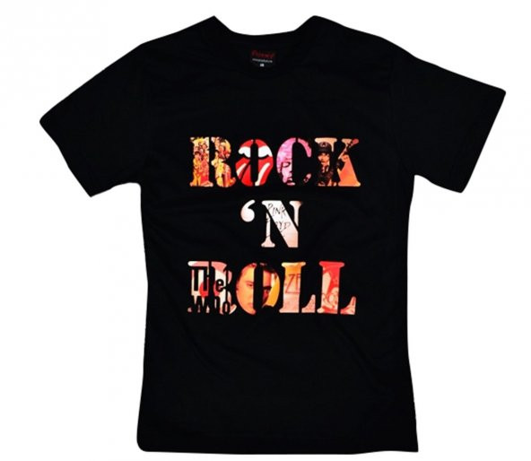 Rock And Roll Baskılı T-shirt    SİYAH L