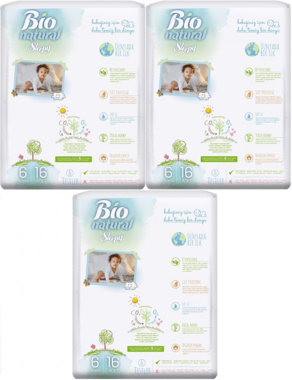 Sleepy Bebek Bezi Bio Natural Beden:6 (15-27Kg) X Large 48 Adet Jumbo Fırsat Pk (3PK*16)