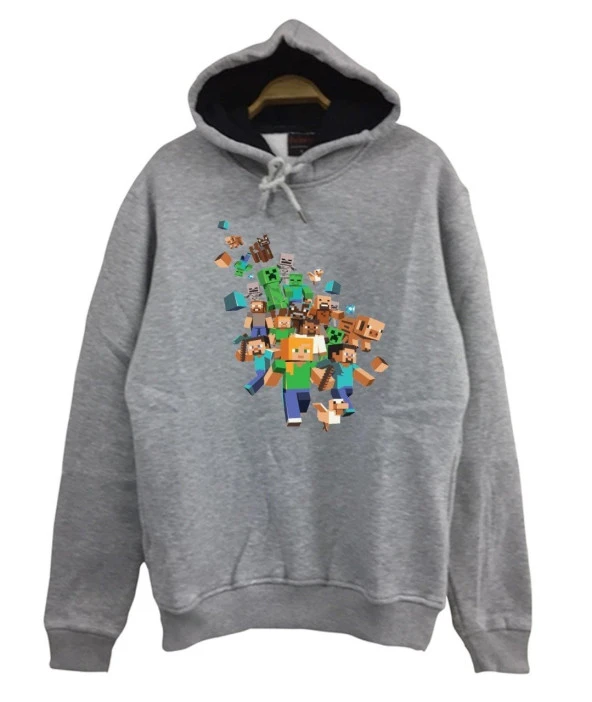 Minecraft Baskılı Sweatshirt  GRİ S