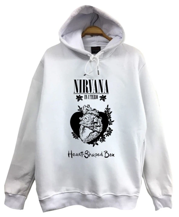 Nirvana-Kurt Cobain Baskılı Kapüşonlu Sweatshirt    BEYAZ XL