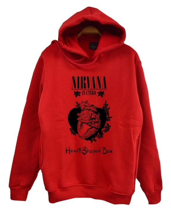 Nirvana-Kurt Cobain Baskılı Kapüşonlu Sweatshirt    KIRMIZI 5XL