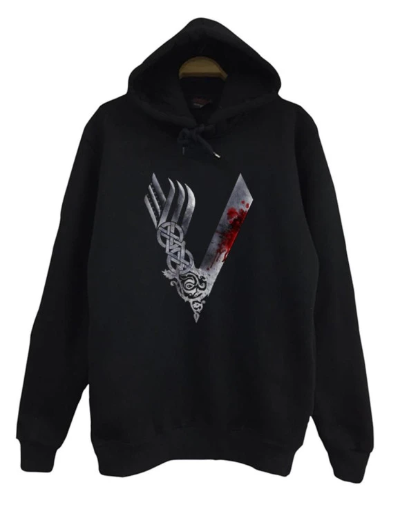 Vikings Baskılı Kapüşonlu Sweatshirt    SİYAH 2XL