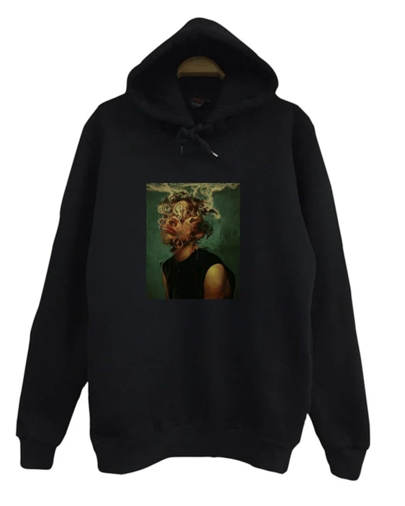 Sigaralı Sanat Baskılı Kapüşonlu Sweatshirt    SİYAH S