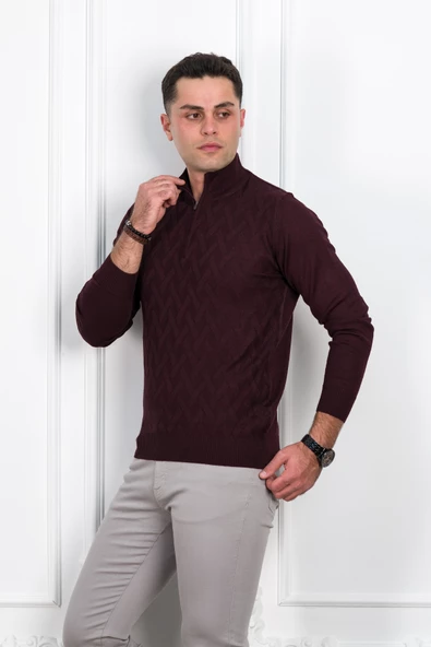 WOOLEN WORLD FERMUARLI YARIM BALIKÇI REGULAR FİT DESENLİ ERKEK KAZAK - 7