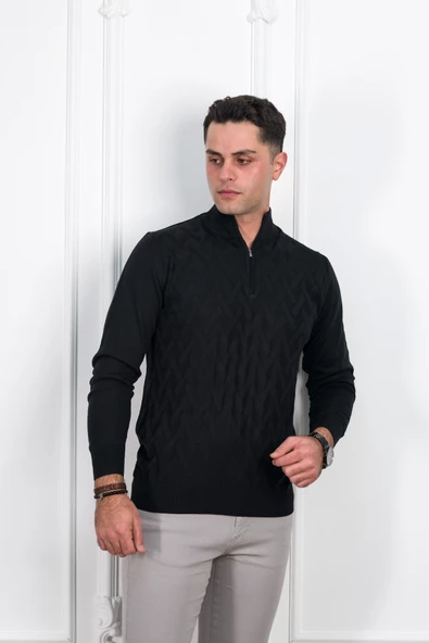 WOOLEN WORLD FERMUARLI YARIM BALIKÇI REGULAR FİT DESENLİ ERKEK KAZAK - 9