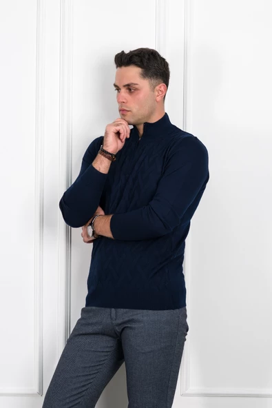 WOOLEN WORLD FERMUARLI YARIM BALIKÇI REGULAR FİT DESENLİ ERKEK KAZAK - 12