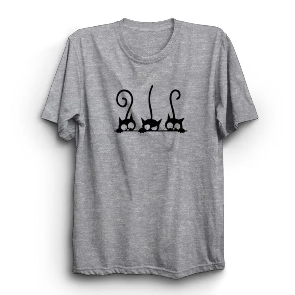 Kediler ve Kuyruklar Baskılı Tshirt  Gri S