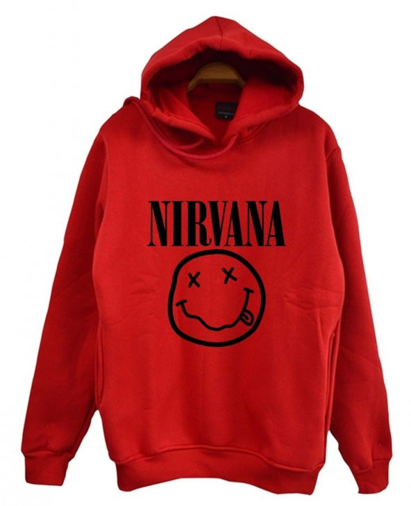 Nirvana-Kurt Cobain Baskılı Kapüşonlu Sweatshirt    KIRMIZI 3XL