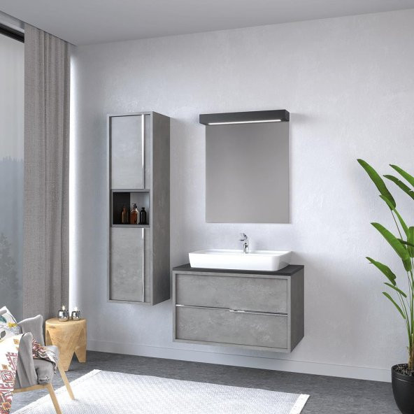 Denko Matia 80 cm MDF Retro Gümüş Banyo Dolabı Takımı ve Boy Dolabı