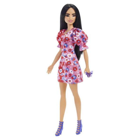 Barbie Büyüleyici Parti Bebekleri 177 FBR37 HBV11 uzun siyah saçlı, renk bloğu ve kabarık kol detaylı, çiçek desenli elbise, bantlı topuklu ayakkabı, kelebek şeklinde yüzük