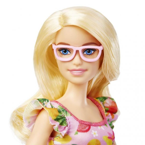 Barbie Büyüleyici Parti Bebekleri 181 FBR37 HBV15 sarı saçlı, kolları fırfırlı, meyve desenli elbise, platform topuklu turuncu ayakkabı, pembe gözlük - 3