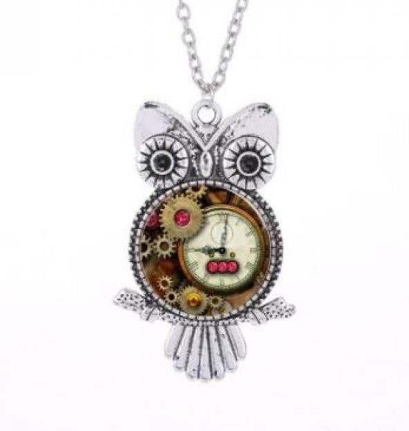 Saat Tasarımlı Metal Vintage Baykuş Kolye