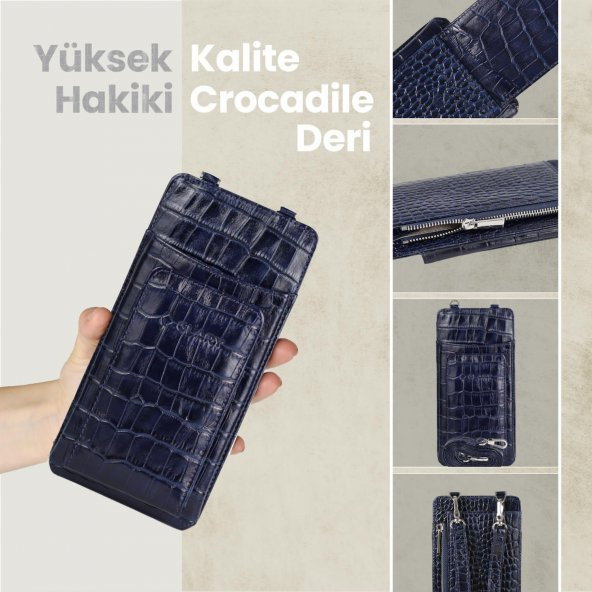 Glary GL200DB 1.Sınıf Kalite Hakiki Deri Portmone Unisex Boyun Askılı Pasaport ve Telefon Cüzdanı-Lacivert - 2