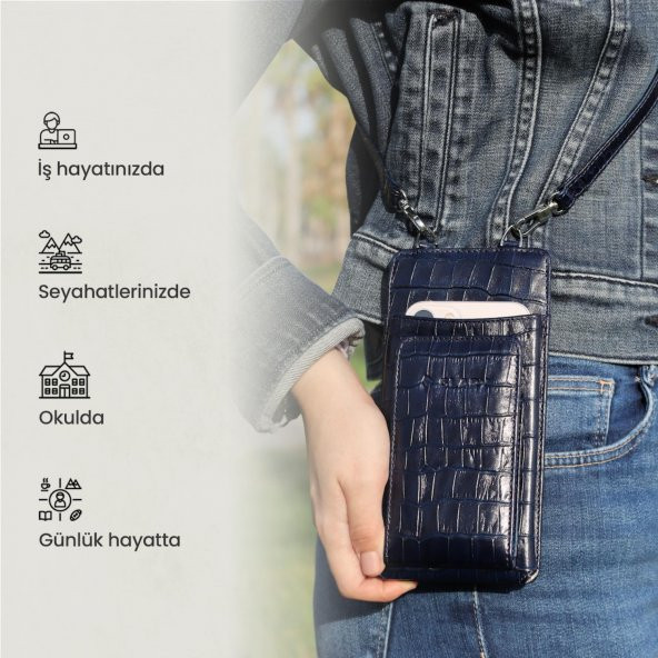 Glary GL200DB 1.Sınıf Kalite Hakiki Deri Portmone Unisex Boyun Askılı Pasaport ve Telefon Cüzdanı-Lacivert - 6