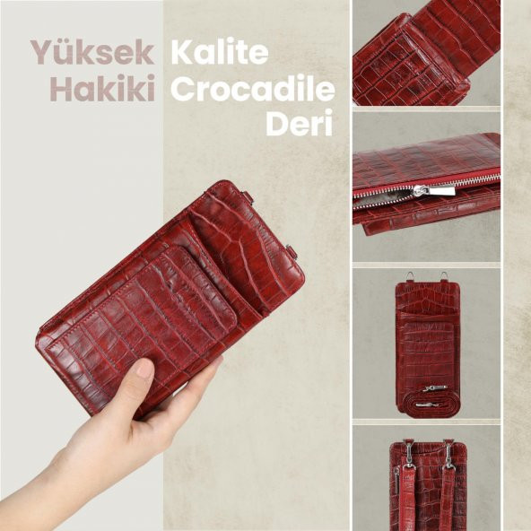 Glary GL200RD 1.Sınıf Kalite Hakiki Deri Portmone Unisex Boyun Askılı Pasaport ve Telefon Cüzdanı-Kırmızı - 2