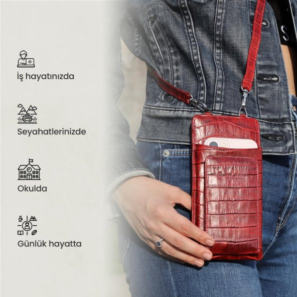 Glary GL200RD 1.Sınıf Kalite Hakiki Deri Portmone Unisex Boyun Askılı Pasaport ve Telefon Cüzdanı-Kırmızı - 6