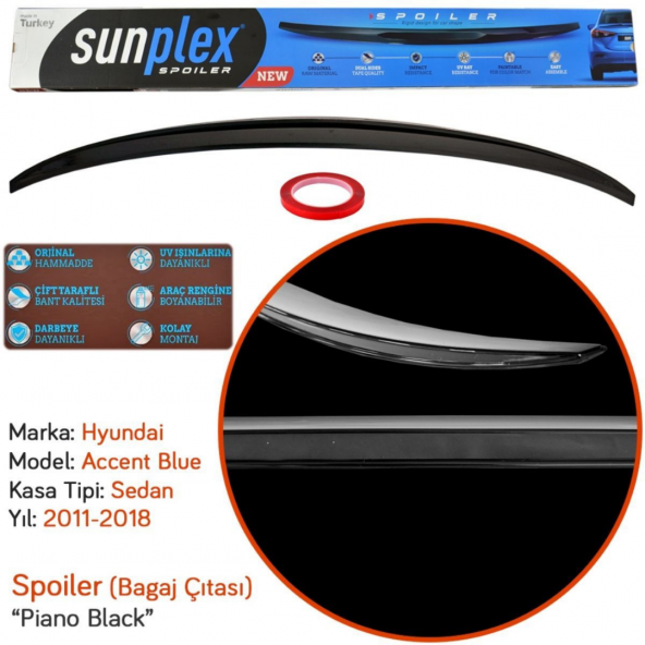 Sunplex Hyundai Accent Blue Bagaj Üstü Spoiler Piano Black 2011-2018 - Resim 3