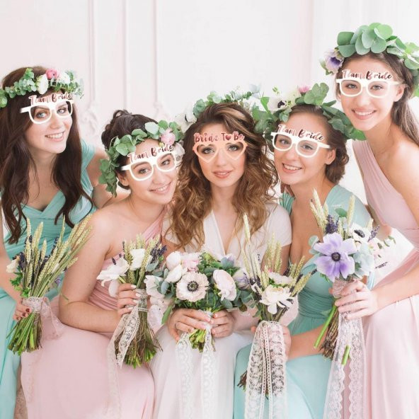Rose Gold Renk Team Bride Yazılı Konsept Bekarlığa Veda Partisi Karton Gözlük 10 Adet - 3