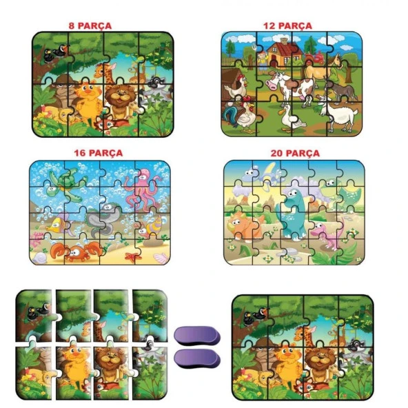 1481 DıyToy Süper Renkli 4'lü Puzzle - Hayvanlar / 8+12+16+24 Parça Puzzle - 4