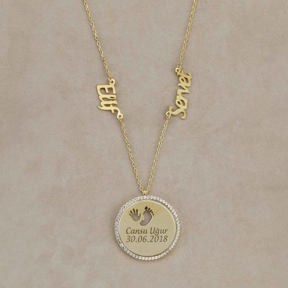 Vaoov 925 Ayar Gümüş El Ayak Izli Çift Isim Doğum Kolyesi - Resim 2